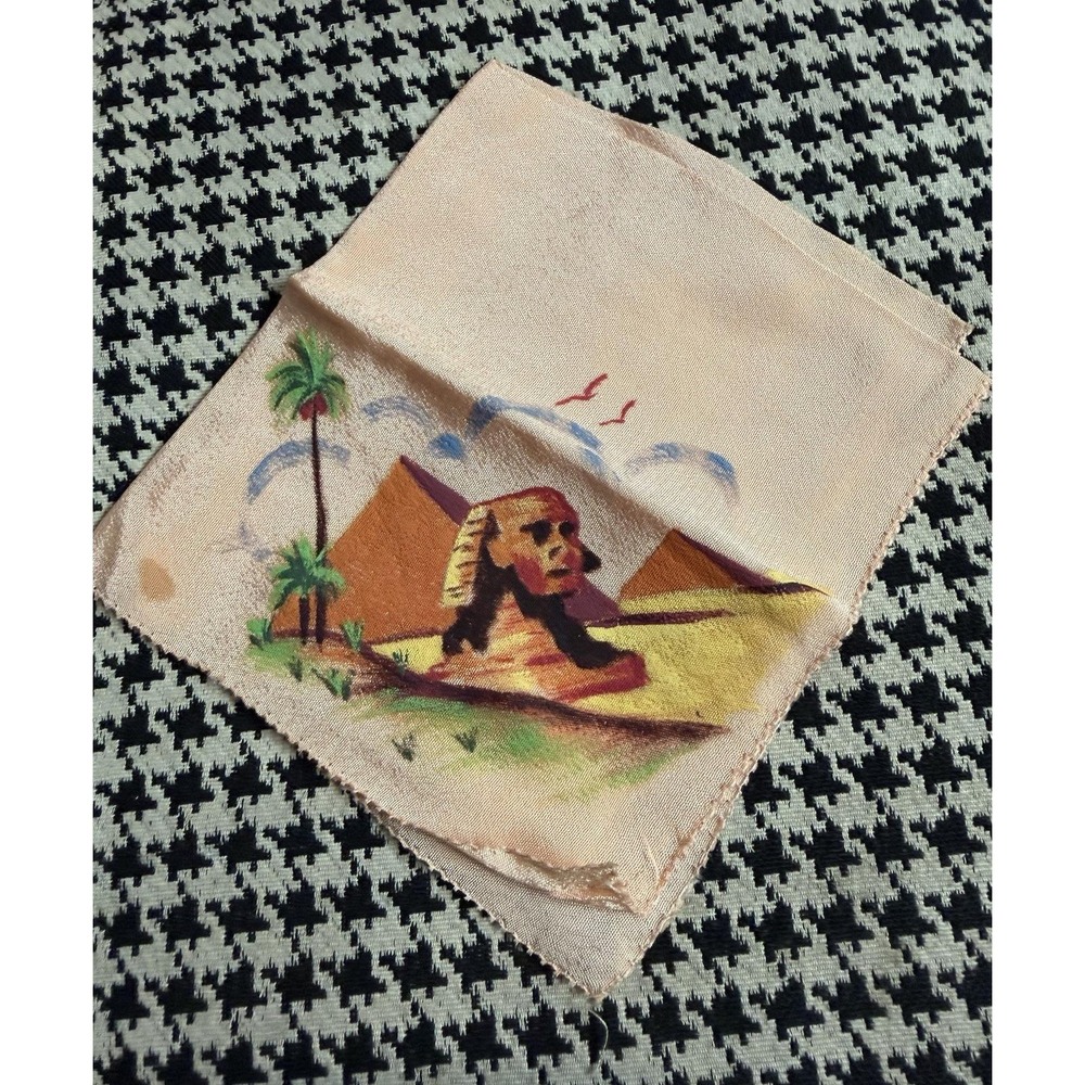 VTG Hand Painted Satin Hanky Egyptian Revival Sphinx Pyramids Egypt Souvenir
